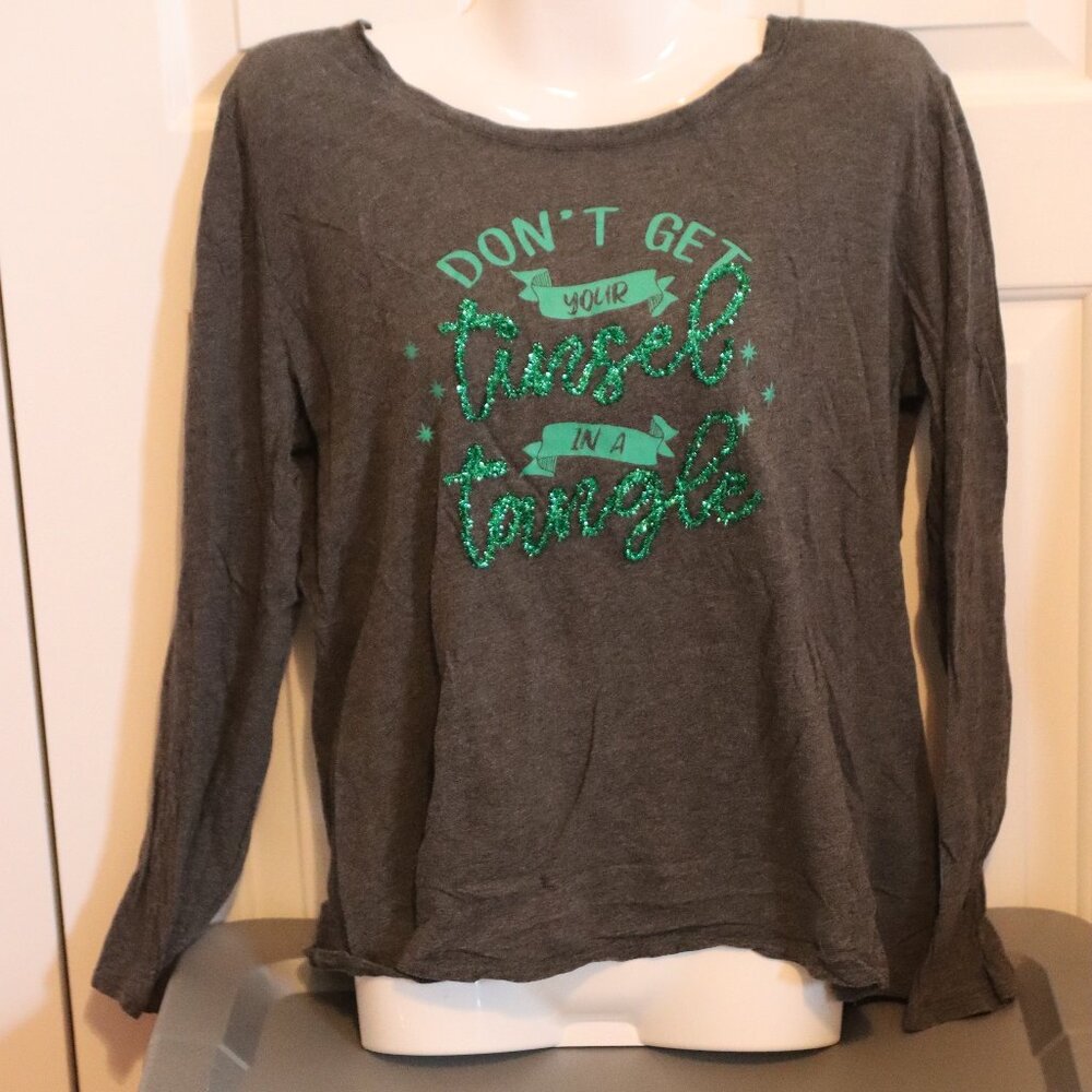 Cato Long Sleeve Grey Don't Get Your Tinsel in A Tangle Tee Size Large Holiday